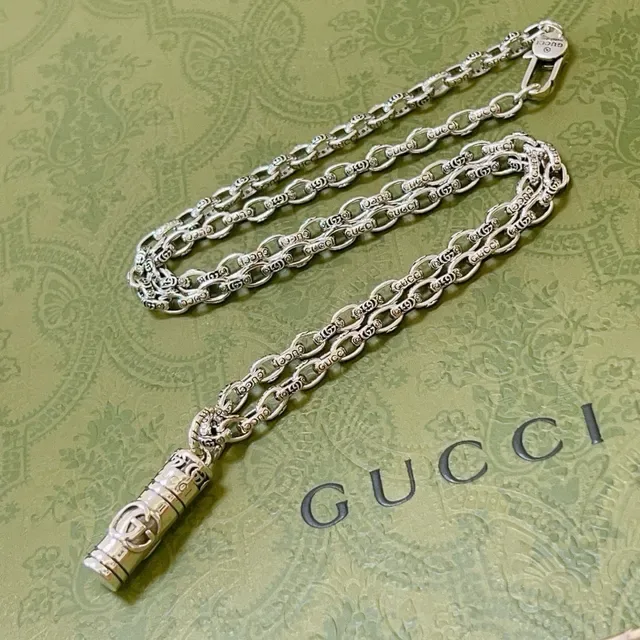 Gucci Interlocking G Cylindrical Pendant Silver Chain Necklace 6