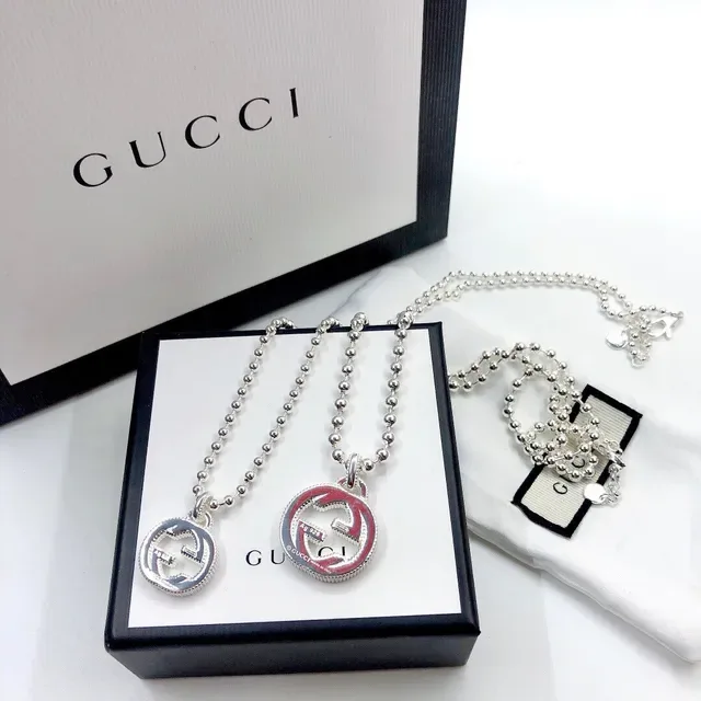 Gucci Interlocking G Silver Red Ball Chain Pendant Necklace 7