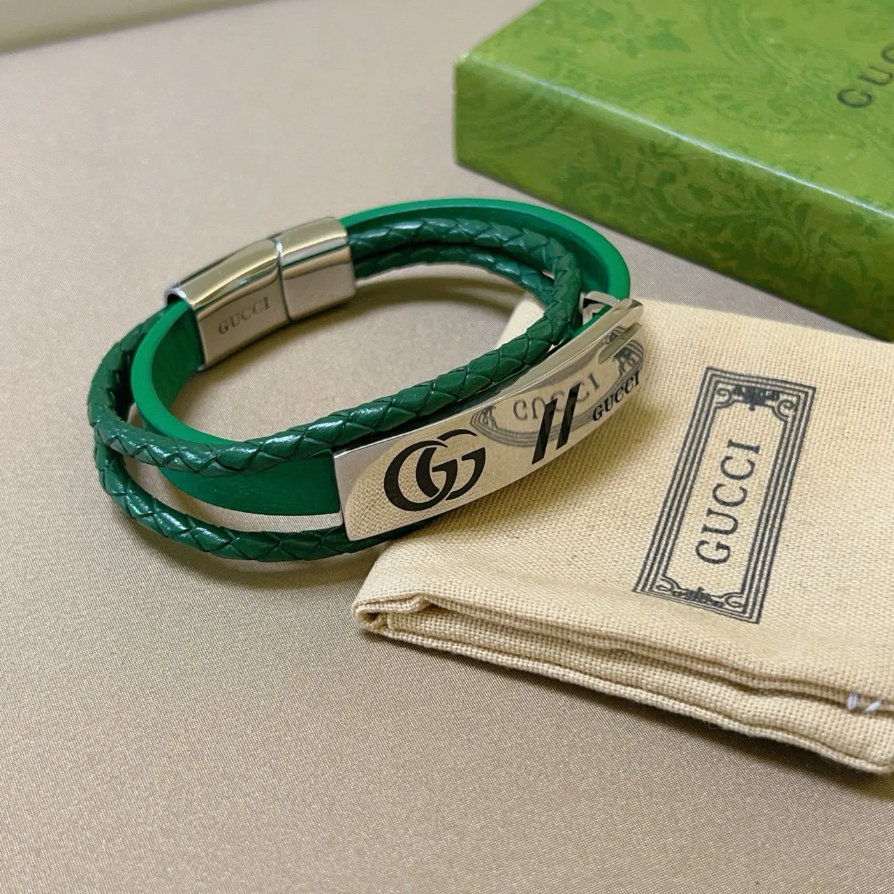 Gucci Interlocking GG Green Braided Leather Bracelet 4