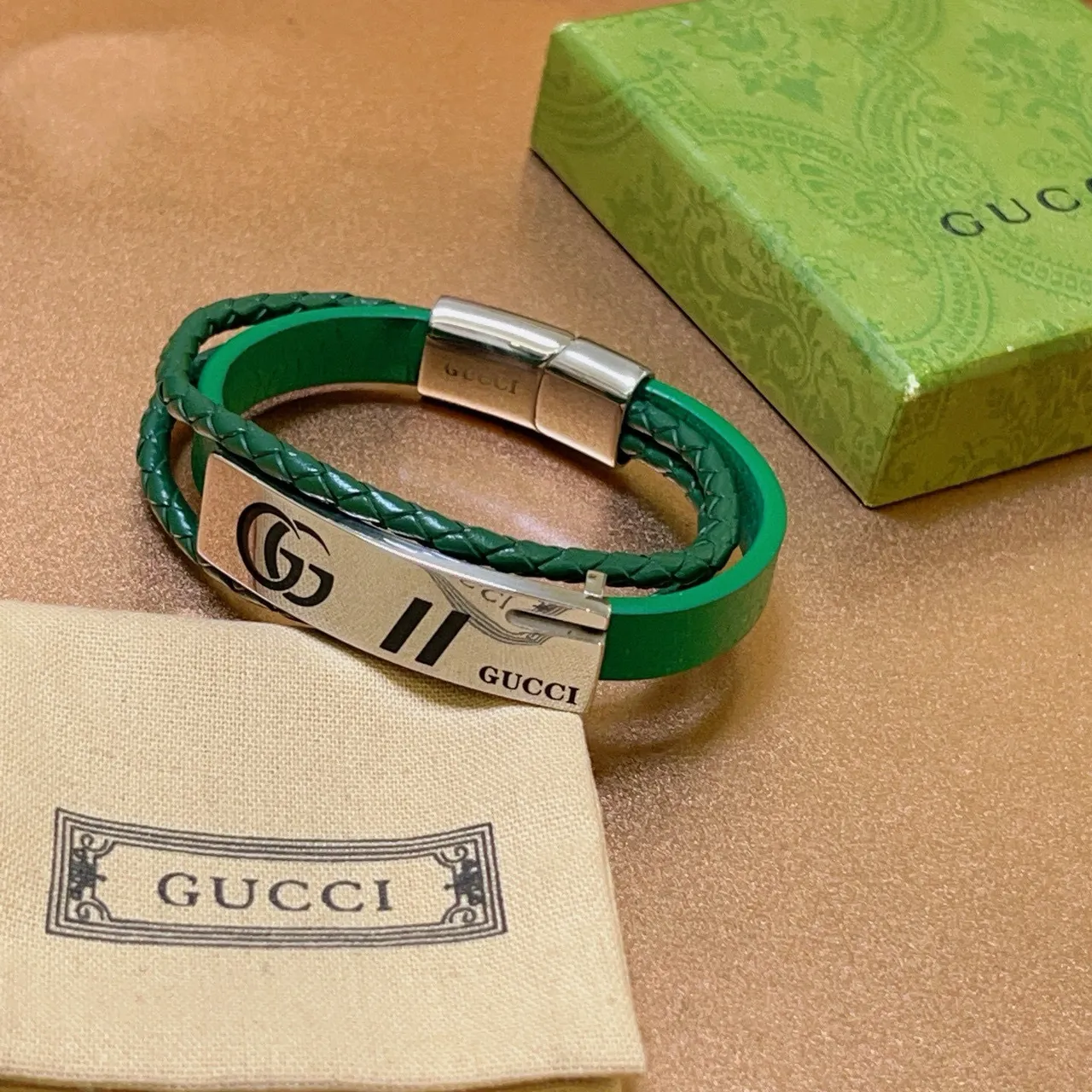 Gucci Interlocking GG Green Braided Leather Bracelet 6