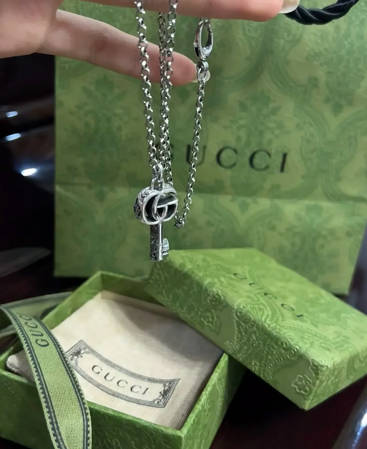 Gucci Key Pendant Silver Green Necklace 8