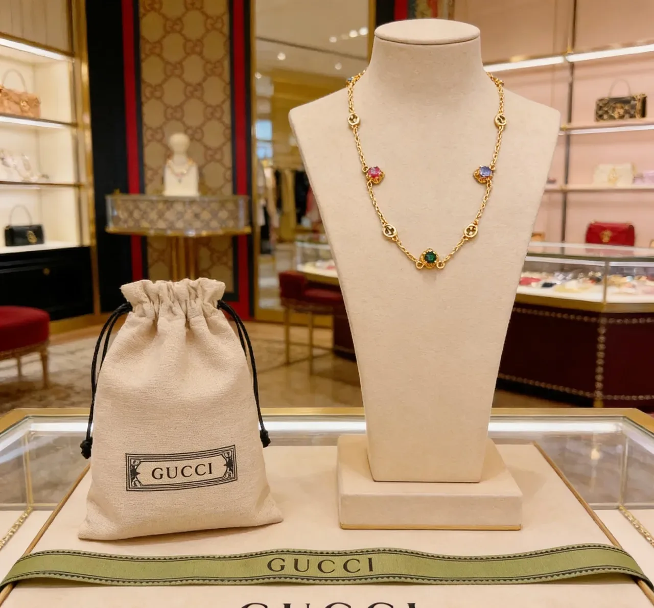 Gucci Multicolored Gemstone Interlocking G Chain Necklace 1