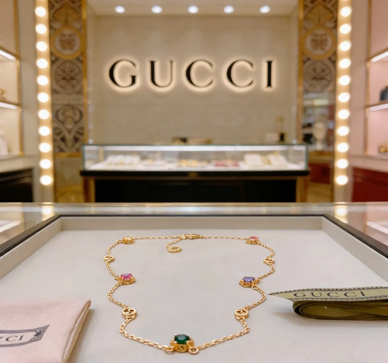 Gucci Multicolored Gemstone Interlocking G Chain Necklace 2