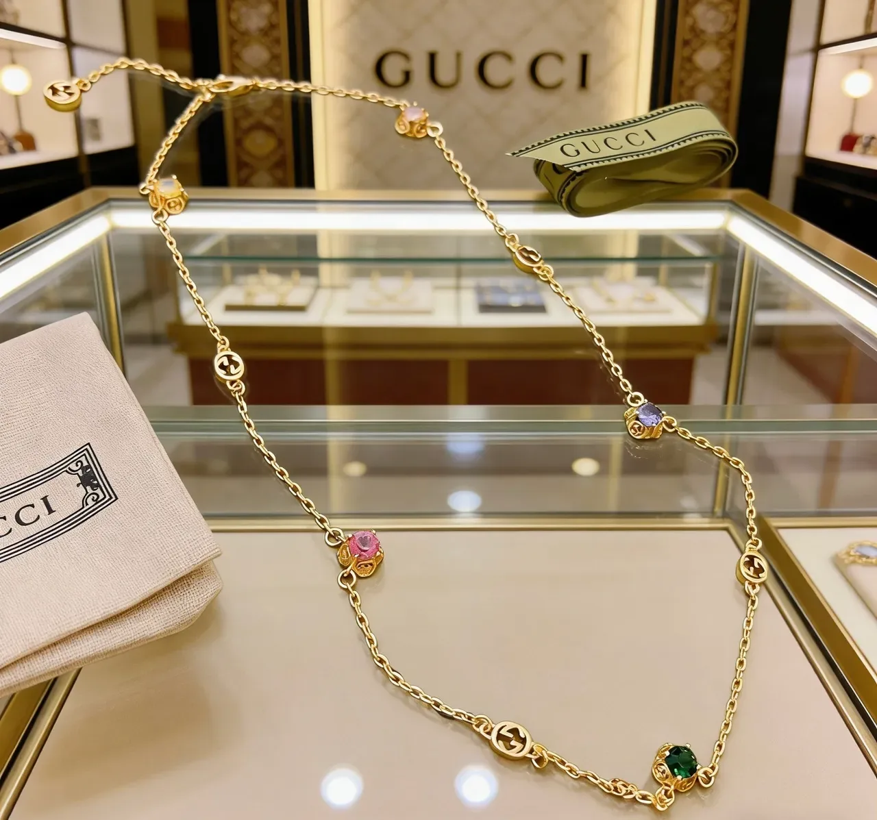 Gucci Multicolored Gemstone Interlocking G Chain Necklace 5