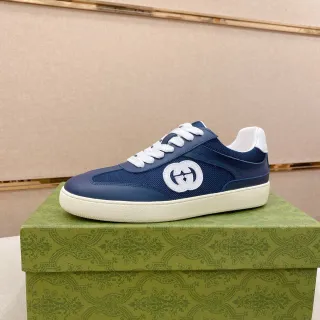 Gucci Navy White Blue Leather And Mesh Upper Interlocking GG Logo Patch Lifestyle Sneakers