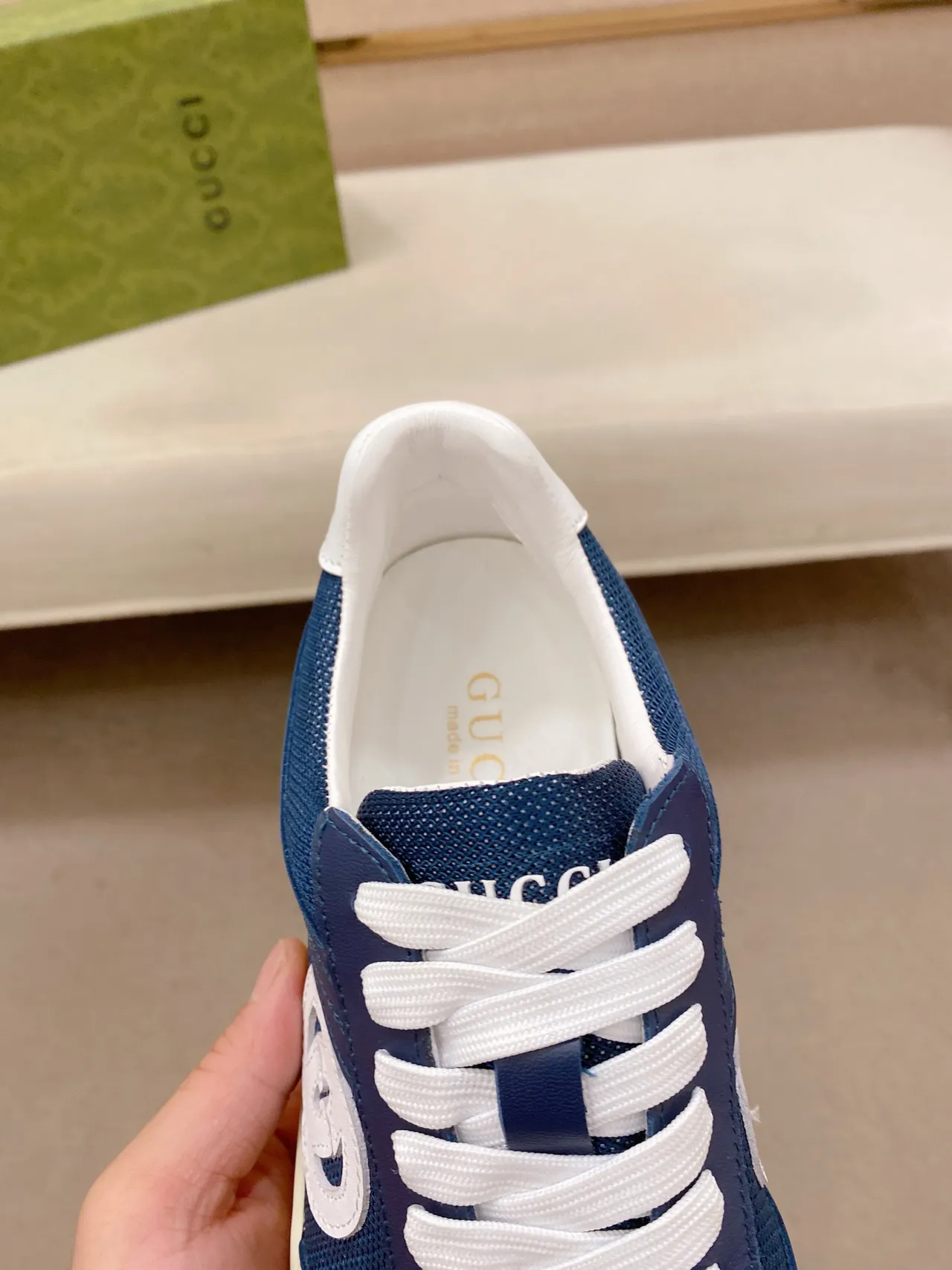 Gucci Navy White Blue Leather And Mesh Upper Interlocking GG Logo Patch Lifestyle Sneakers 4
