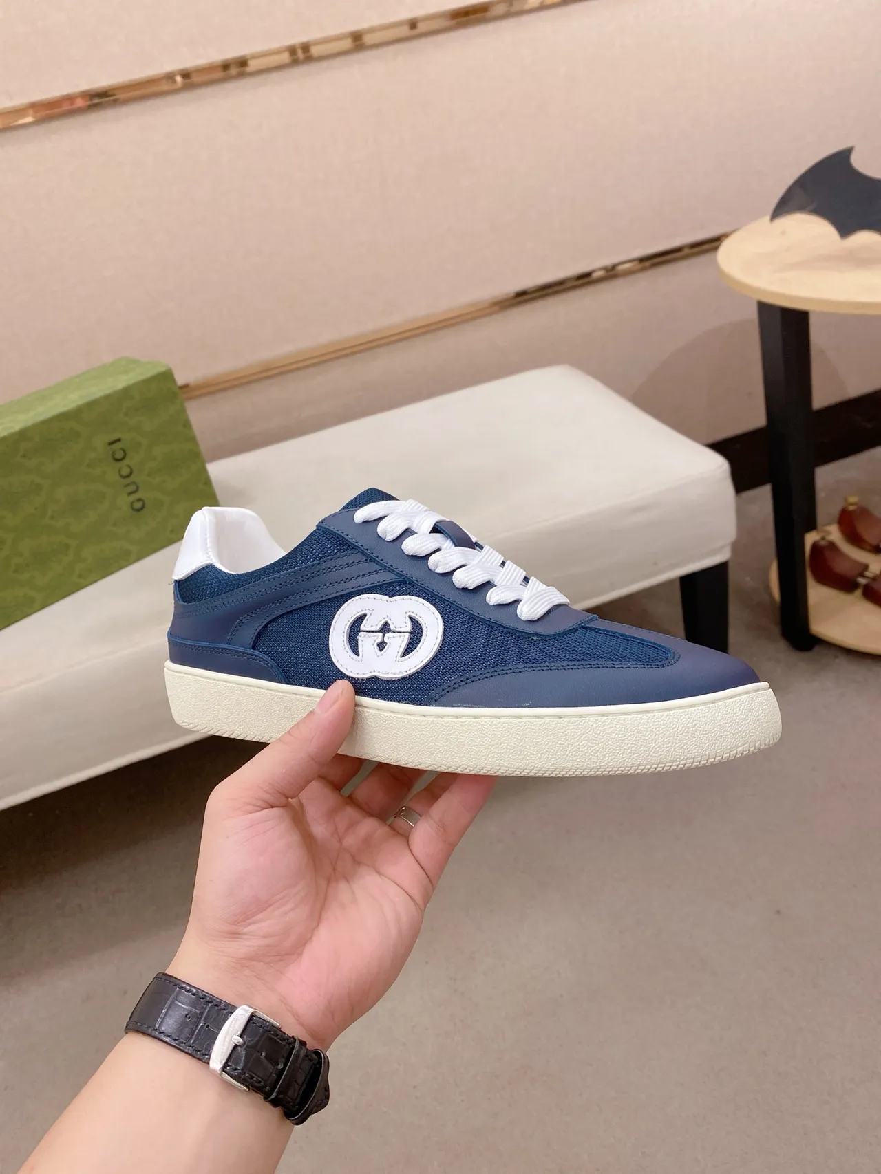 Gucci Navy White Blue Leather And Mesh Upper Interlocking GG Logo Patch Lifestyle Sneakers 5
