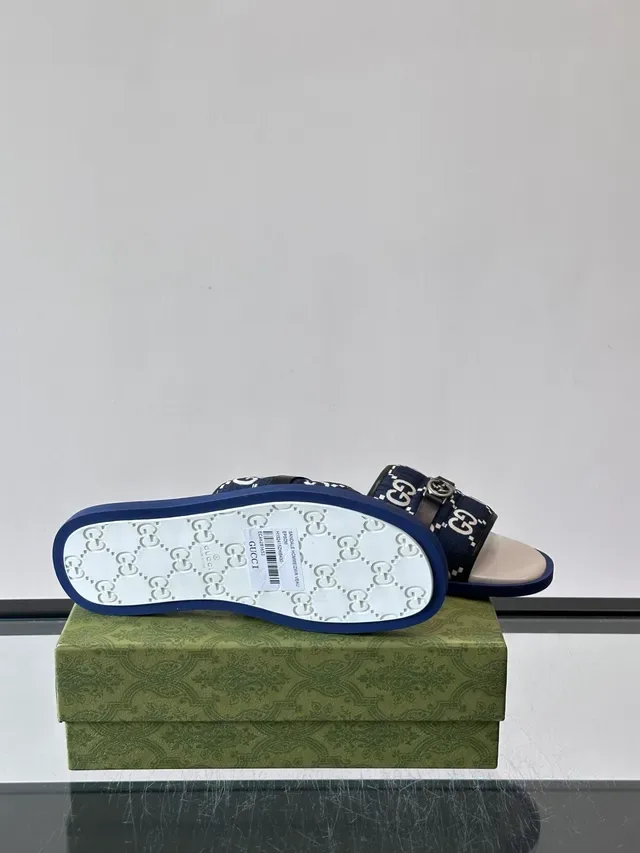 Gucci Mulas Navy White Monogram Canvas Metal Horsebit Buckle 5