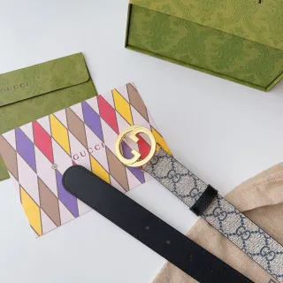 Gucci Ophidia Beige Black Interlocking G Buckle GG Monogram Canvas Leather Belt
