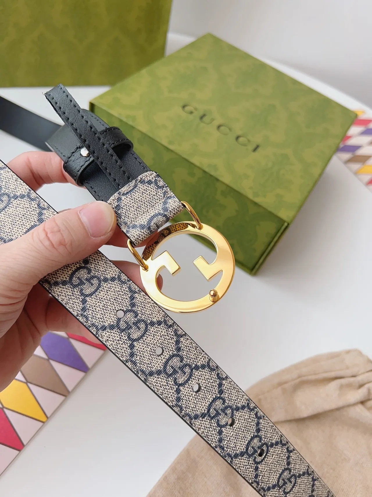 Gucci Ophidia Beige Black Interlocking G Buckle GG Monogram Canvas Leather Belt 3