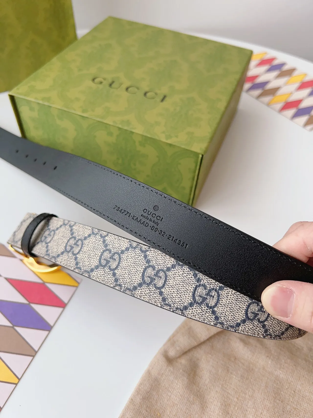 Gucci Ophidia Beige Black Interlocking G Buckle GG Monogram Canvas Leather Belt 4