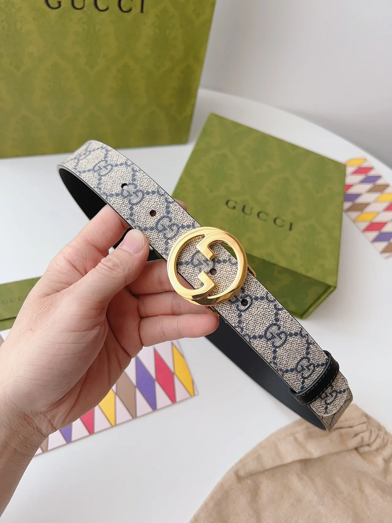 Gucci Ophidia Beige Black Interlocking G Buckle GG Monogram Canvas Leather Belt 8