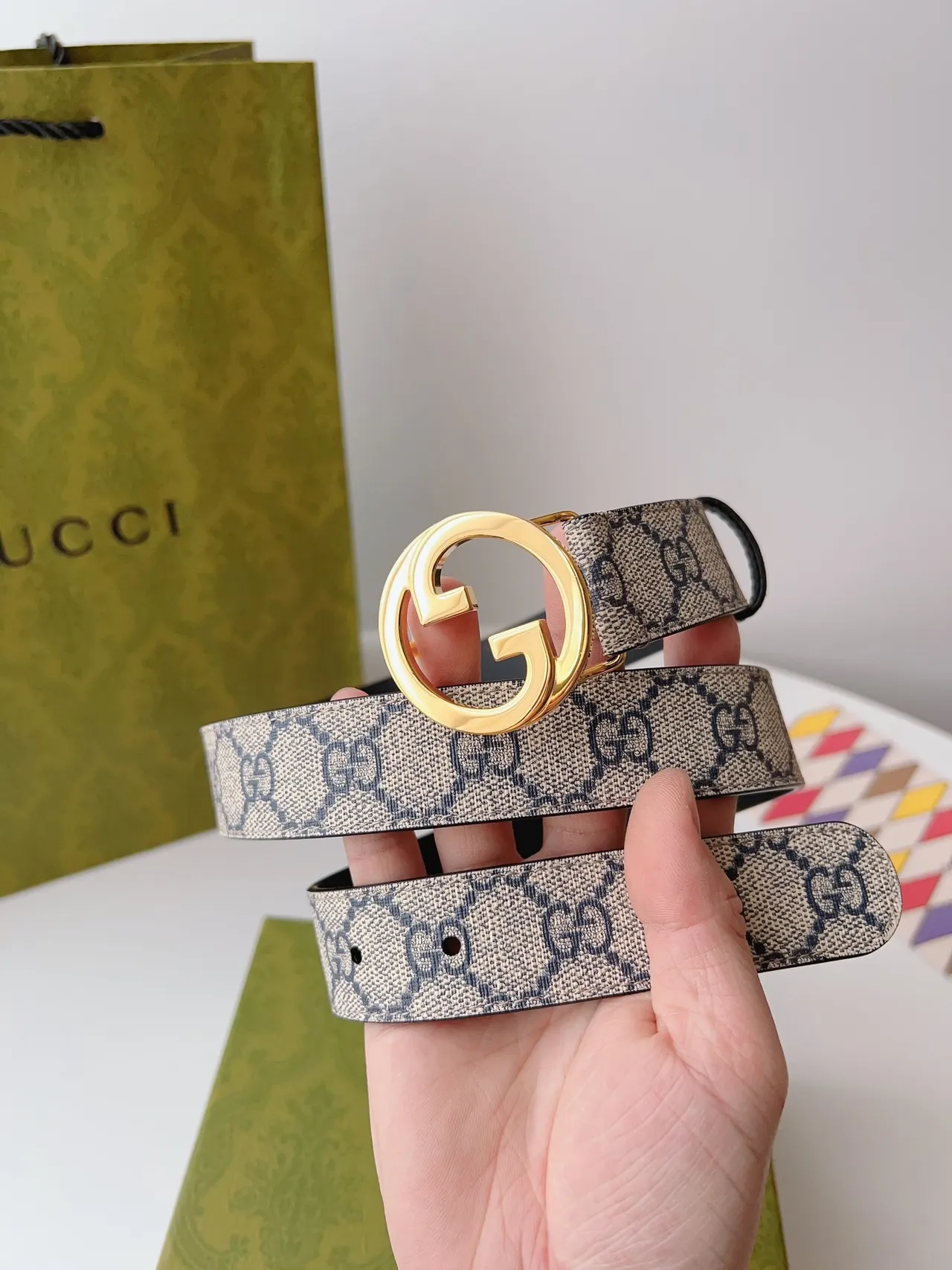 Gucci Ophidia Beige Black Interlocking G Buckle GG Monogram Canvas Leather Belt 9