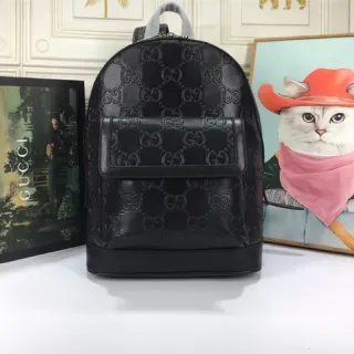 Gucci Ophidia Black GG Monogram Embossed Leather Structured Front Flap Pocket Casual Backpack