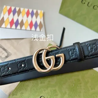 Gucci Ophidia Black Gold Embossed GG Monogram Interlocking Double G Buckle Leather Belt