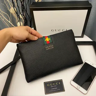 Gucci Ophidia Black Pebbled Leather Envelope Clutch