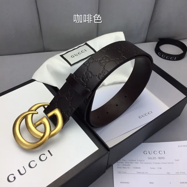 Gucci Ophidia Brown Gold Embossed GG Monogram Interlocking Double G Buckle Leather Belt 3