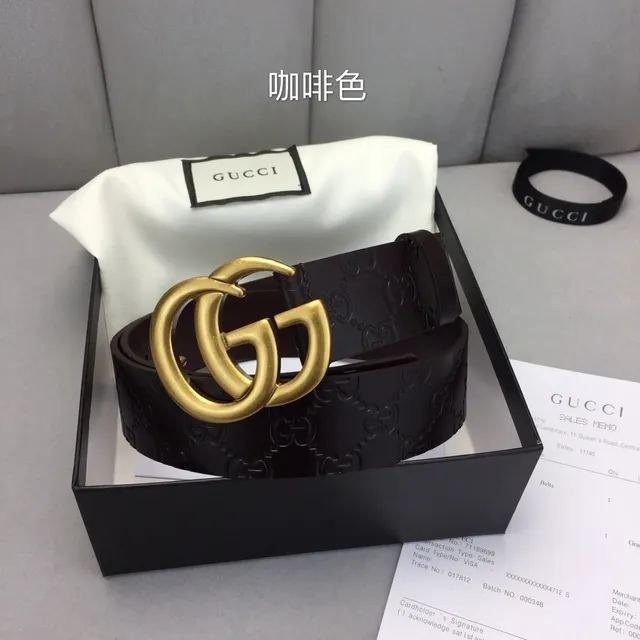 Gucci Ophidia Brown Gold Embossed GG Monogram Interlocking Double G Buckle Leather Belt 4
