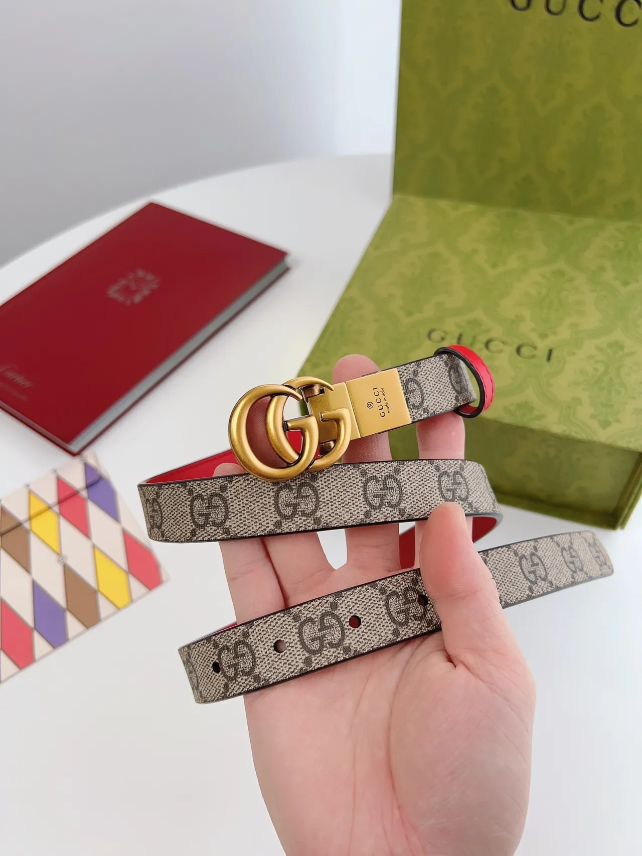 Gucci Ophidia GG Supreme 帆布和红色皮革腰带 2