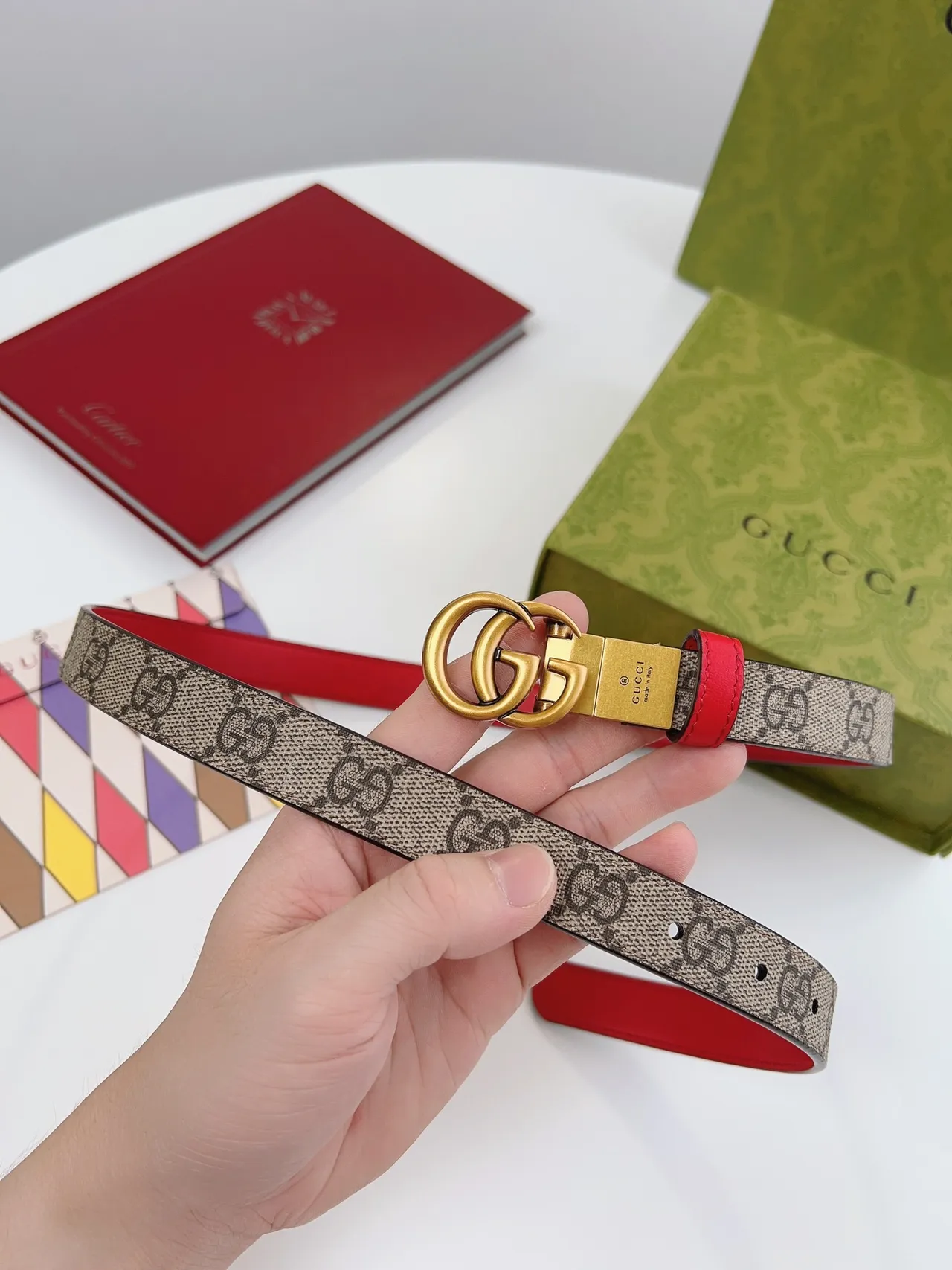 Gucci Ophidia GG Supreme 帆布和红色皮革腰带 3