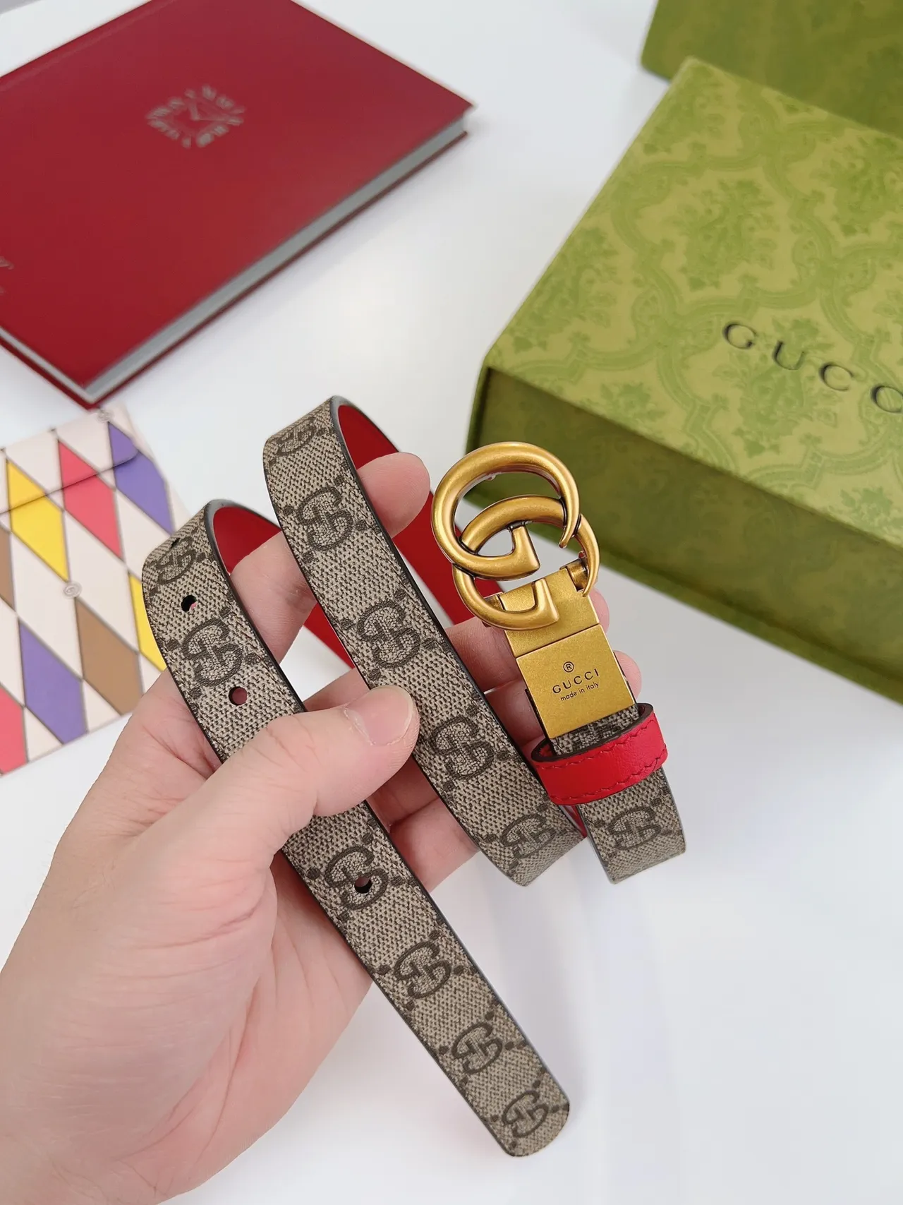Gucci Ophidia GG Supreme 帆布和红色皮革腰带 4