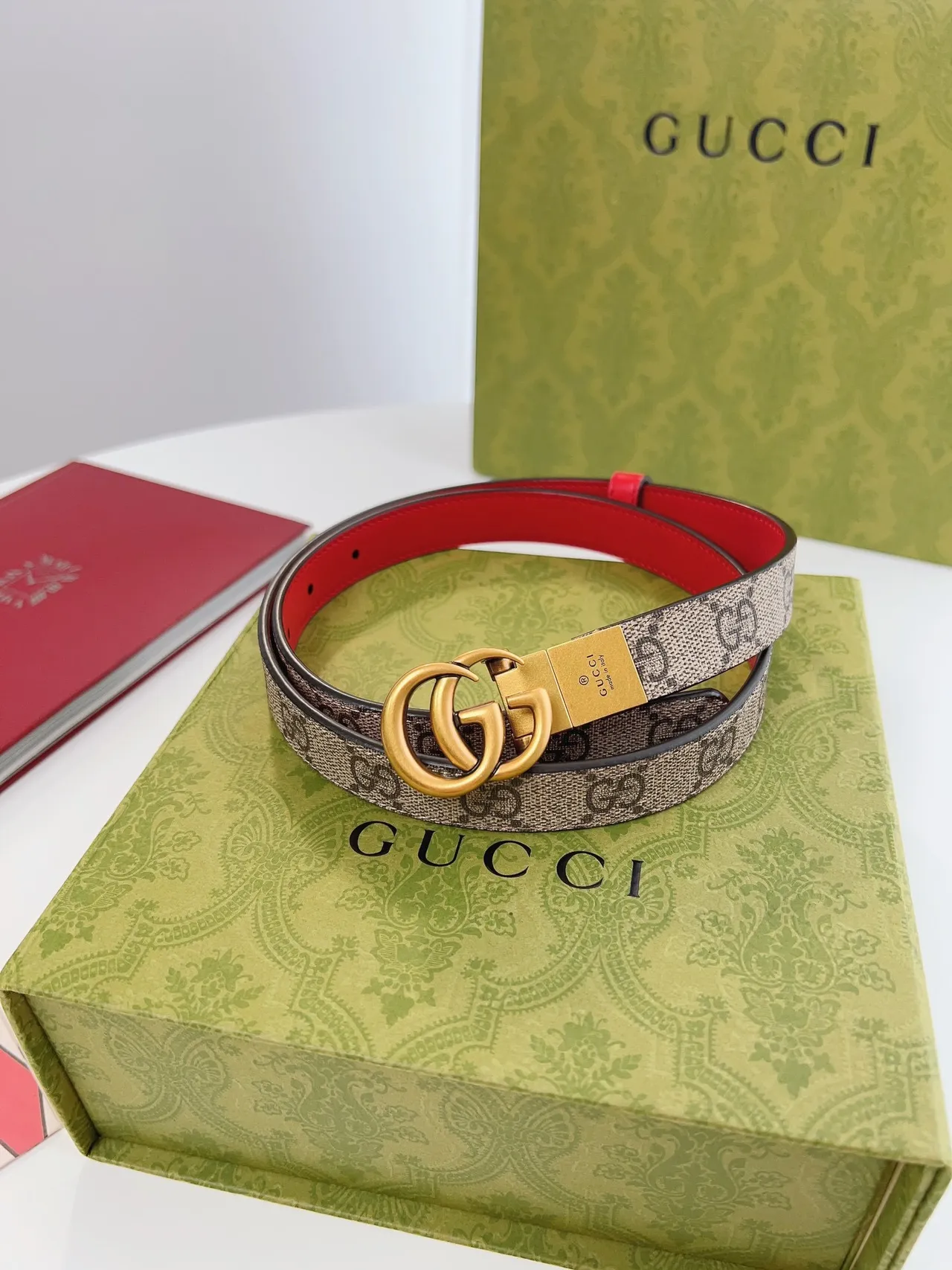 Gucci Ophidia GG Supreme 帆布和红色皮革腰带 5