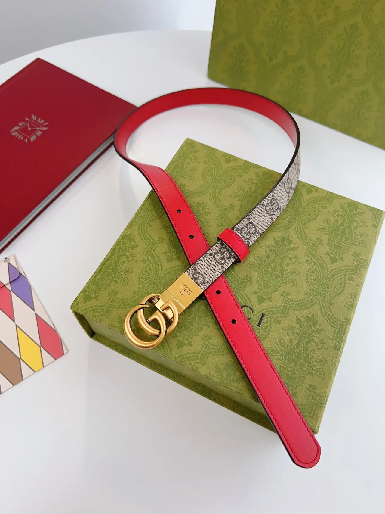 Gucci Ophidia GG Supreme 帆布和红色皮革腰带 7