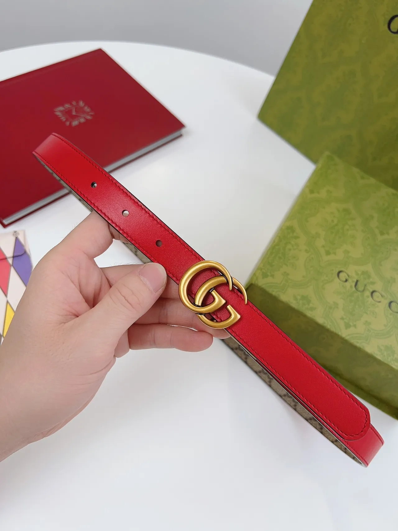 Gucci Ophidia GG Supreme 帆布和红色皮革腰带 8