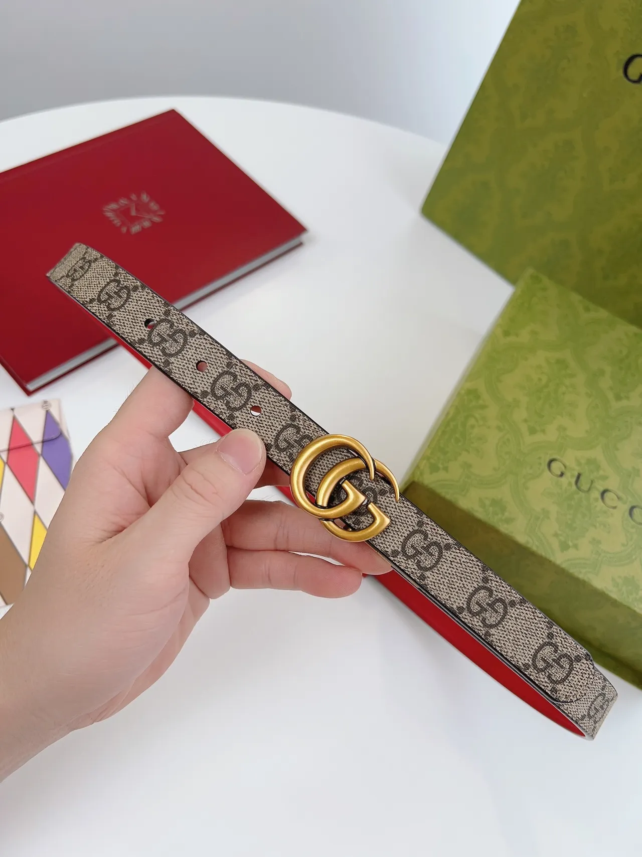 Gucci Ophidia GG Supreme 帆布和红色皮革腰带 9