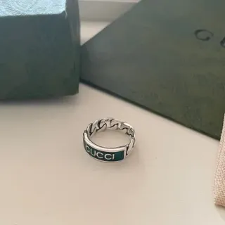 Gucci Ophidia Green Silver Chain-Link Band Enamel Inlay Ring