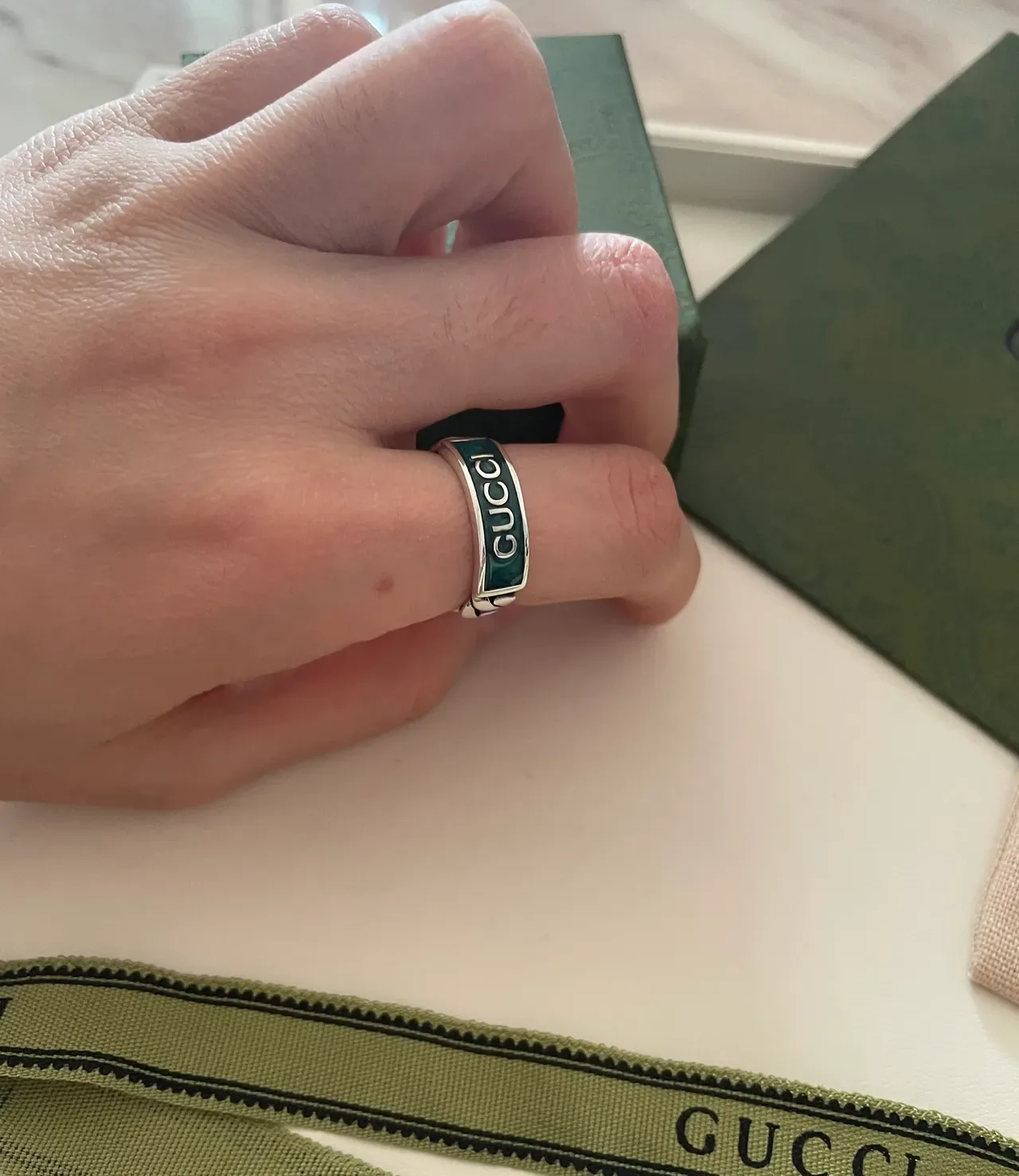 Gucci Ophidia Green Silver Chain-Link Band Enamel Inlay Ring 2