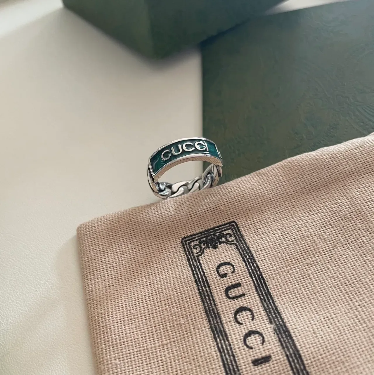 Gucci Ophidia Green Silver Chain-Link Band Enamel Inlay Ring 3