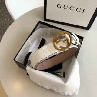 Gucci Ophidia White Gold Embossed GG Monogram Interlocking G Buckle Leather Belt