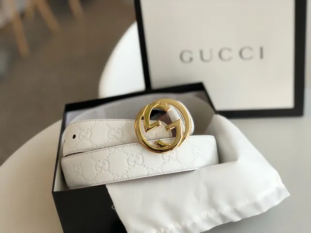 Gucci Ophidia White Gold Embossed GG Monogram Interlocking G Buckle Leather Belt 5