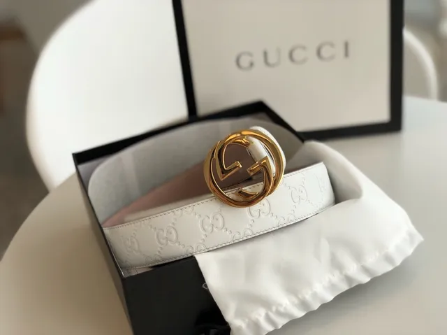 Gucci Ophidia White Gold Embossed GG Monogram Interlocking G Buckle Leather Belt 6