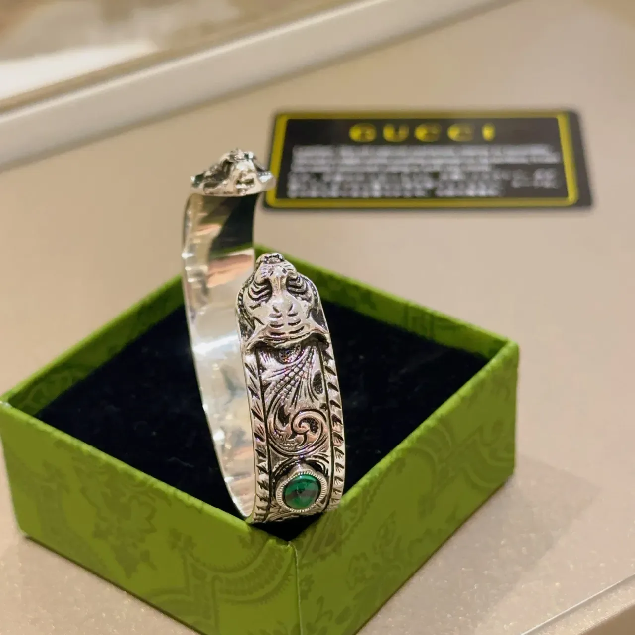 Gucci Ornate Engraved Silver-Tone Malachite and Coral Cuff Bracelet 3