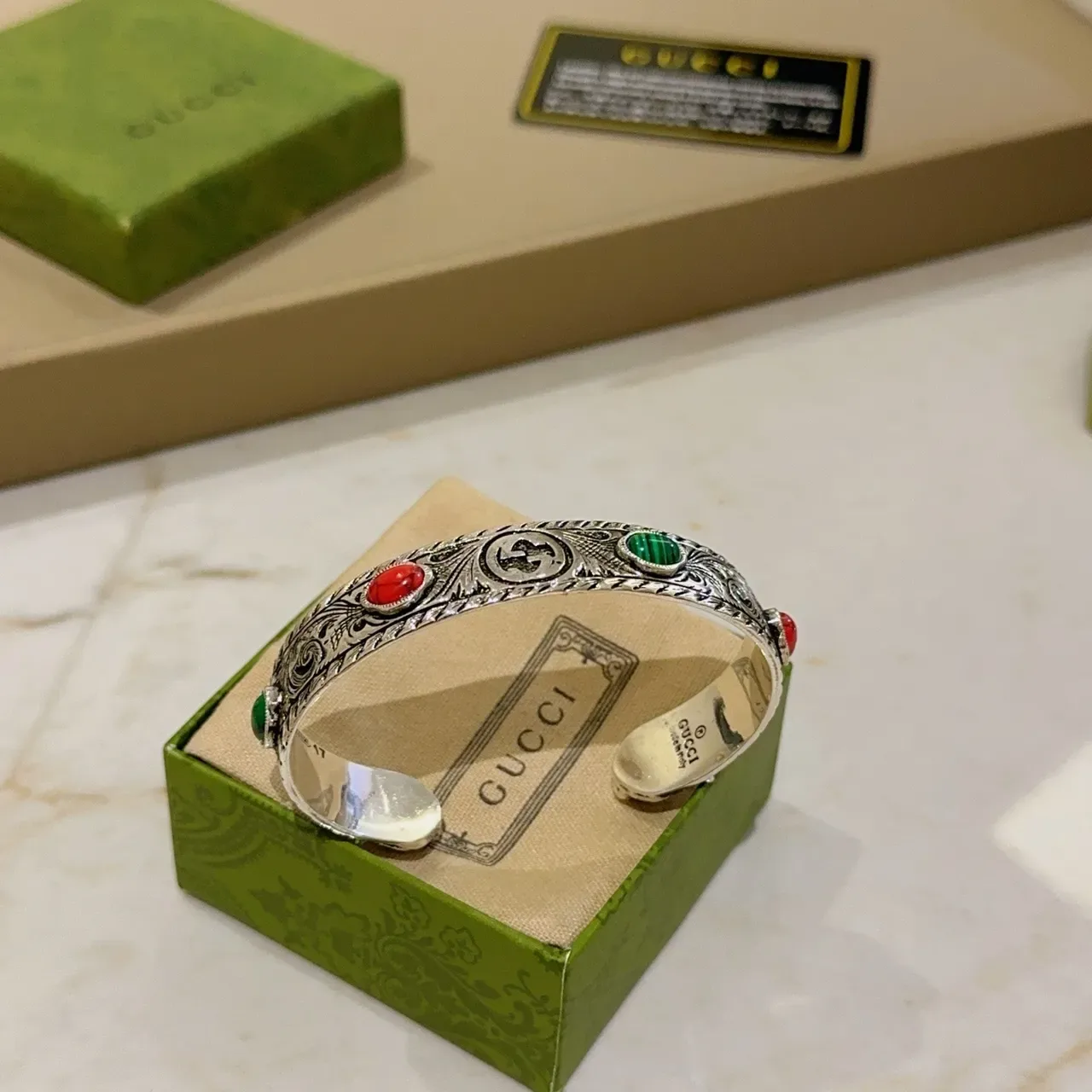 Gucci Ornate Engraved Silver-Tone Malachite and Coral Cuff Bracelet 4