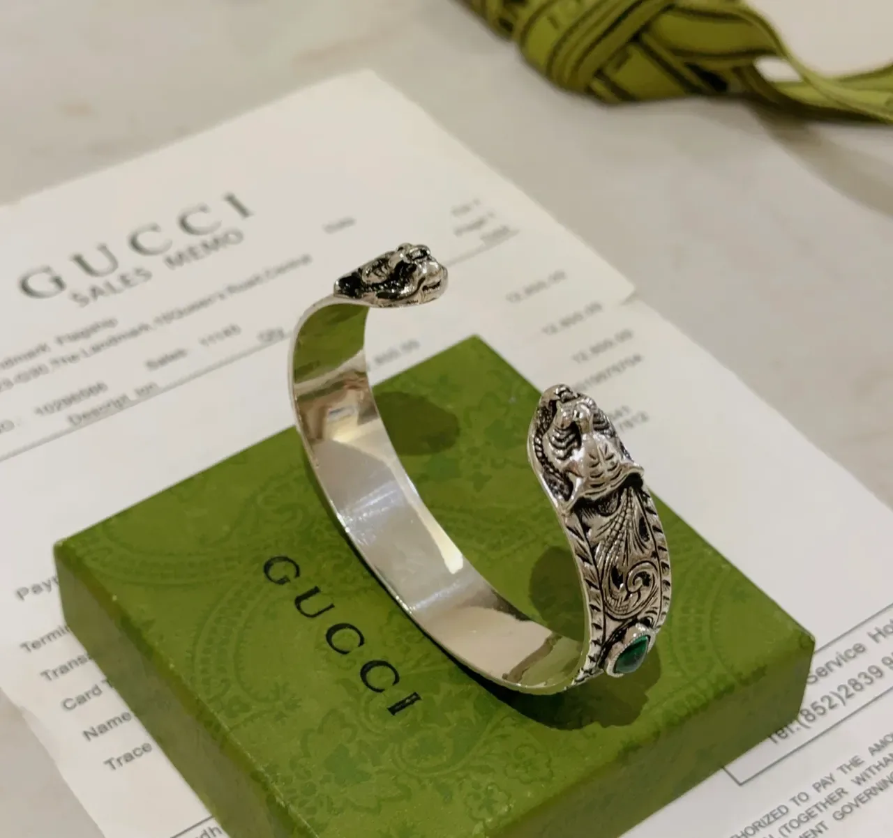 Gucci Ornate Engraved Silver-Tone Malachite and Coral Cuff Bracelet 6