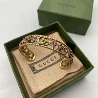 Gucci Ornate Gold-Tone Floral Crystal Cuff Bracelet