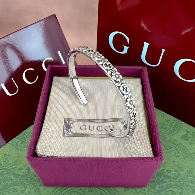 Gucci Ornate Monogrammed Gold and Silver Bangle Bracelets 6