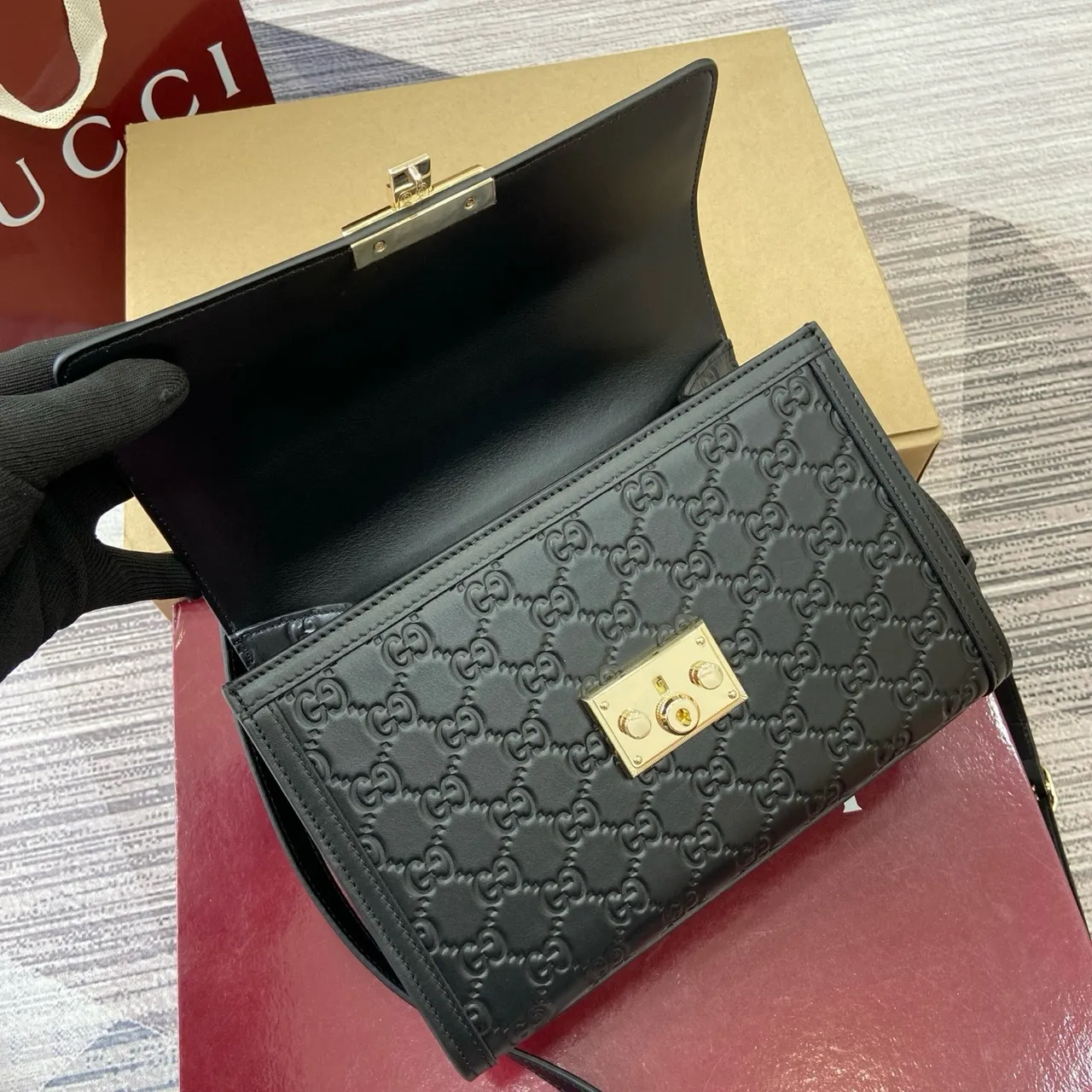 Gucci Padlock Black Gold Embossed GG Monogram Crossbody Bag 3