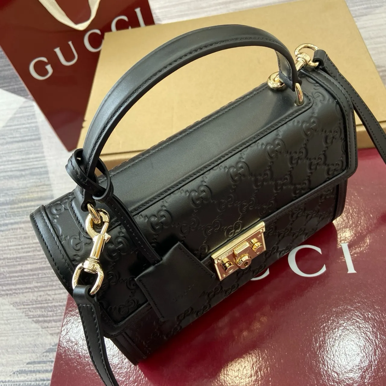 Gucci Padlock Black Gold Embossed GG Monogram Crossbody Bag 5