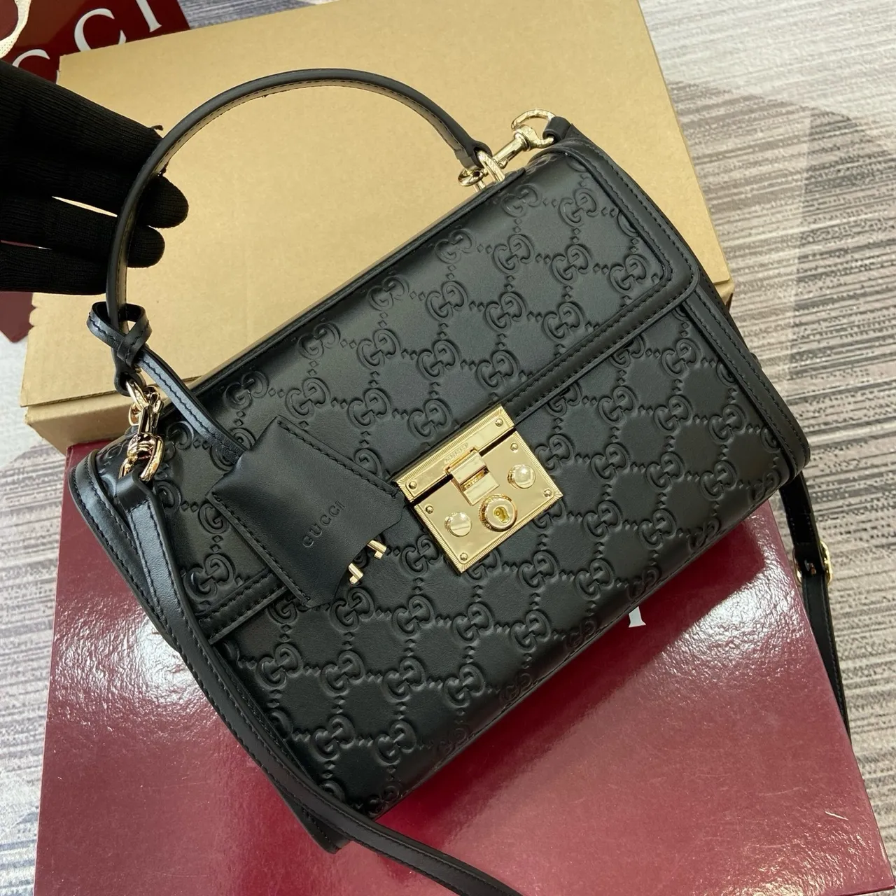 Gucci Padlock Black Gold Embossed GG Monogram Crossbody Bag 8