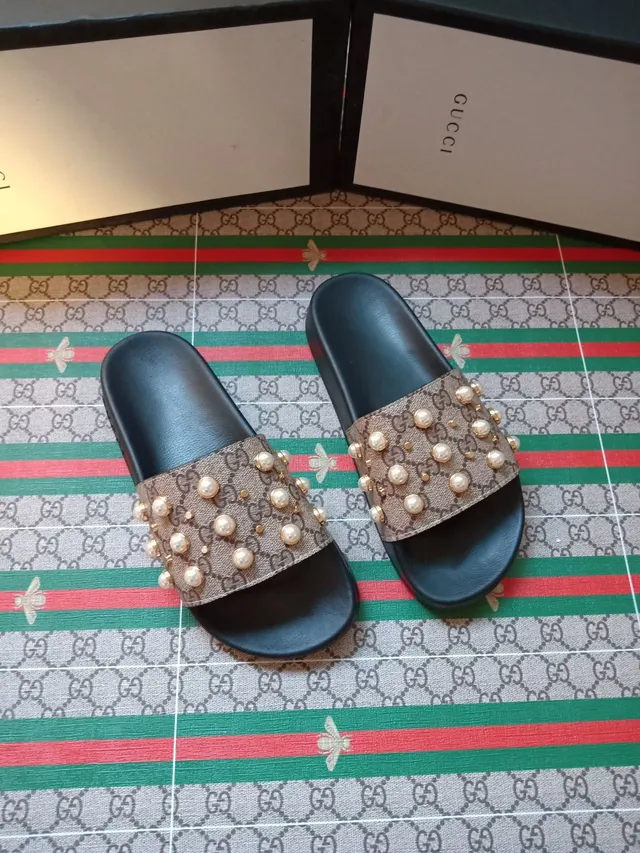 Gucci Pearl-Embellished GG Canvas Slide Slippers 2