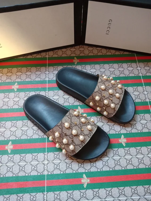 Gucci Pearl-Embellished GG Canvas Slide Slippers 3