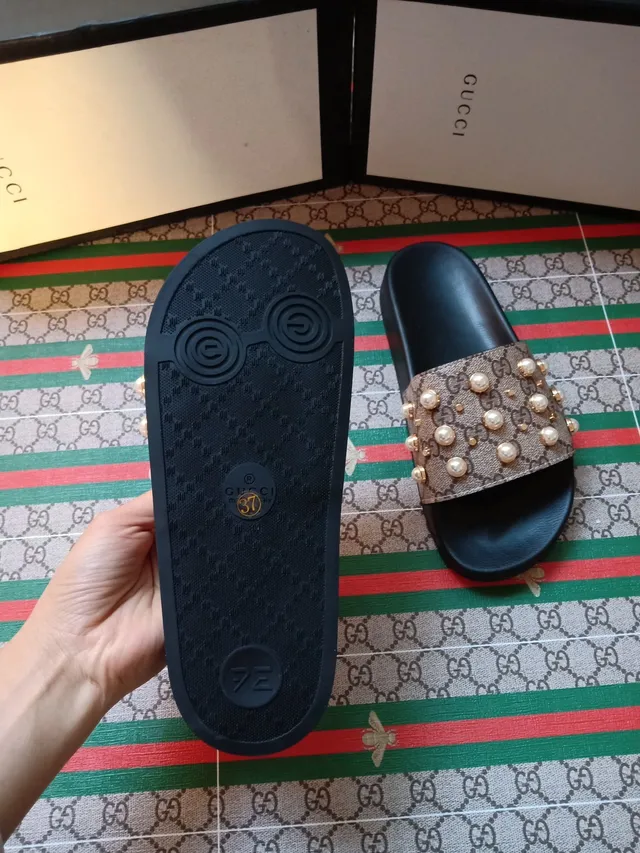 Gucci Pearl-Embellished GG Canvas Slide Slippers 4