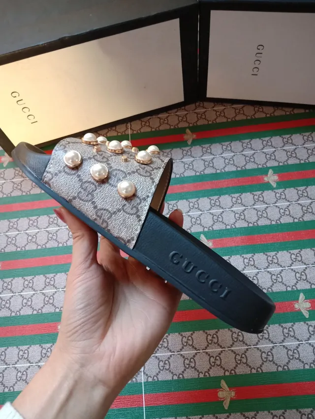 Gucci Pearl-Embellished GG Canvas Slide Slippers 5