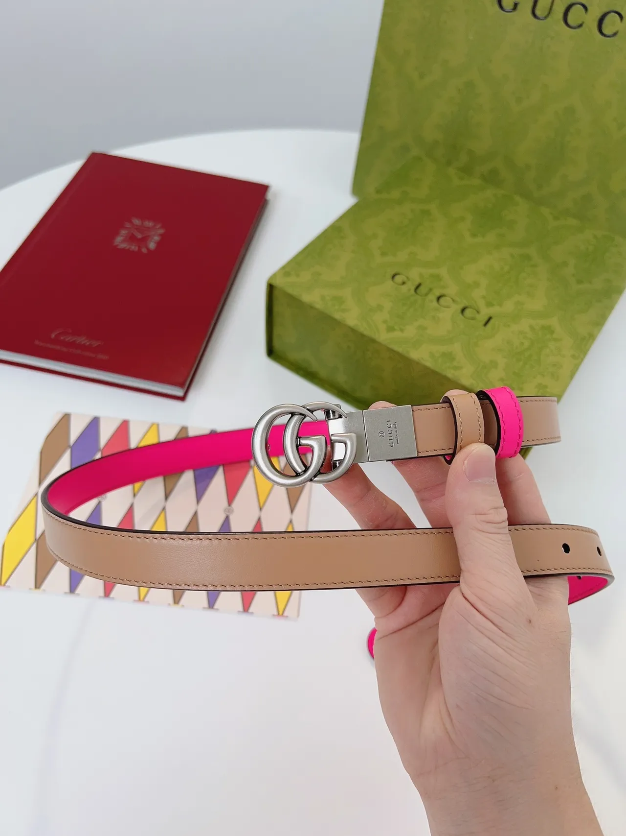 Gucci Pink Beige Reversible Two-Tone Interlocking Double G Buckle Leather Belt 3