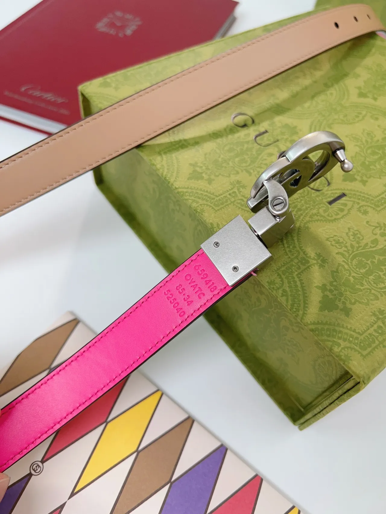 Gucci Pink Beige Reversible Two-Tone Interlocking Double G Buckle Leather Belt 4