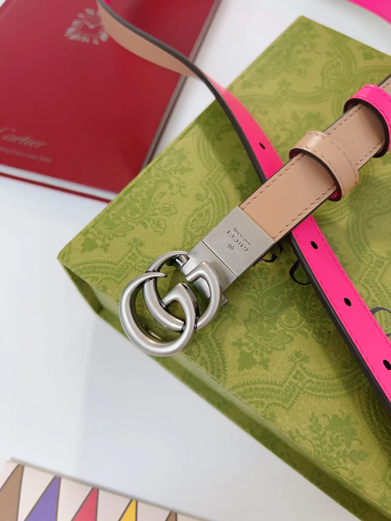 Gucci Pink Beige Reversible Two-Tone Interlocking Double G Buckle Leather Belt 5